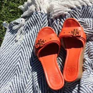 Tory Burch Orange Wooden Platform Wedge Sandals